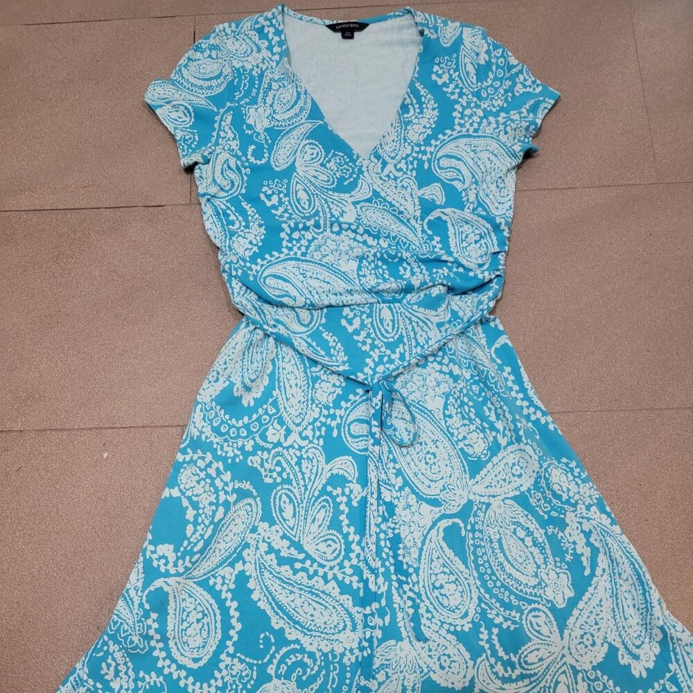 Lands’ End Turquoise Paisley Jersey Wrap Dress Size S 6-8